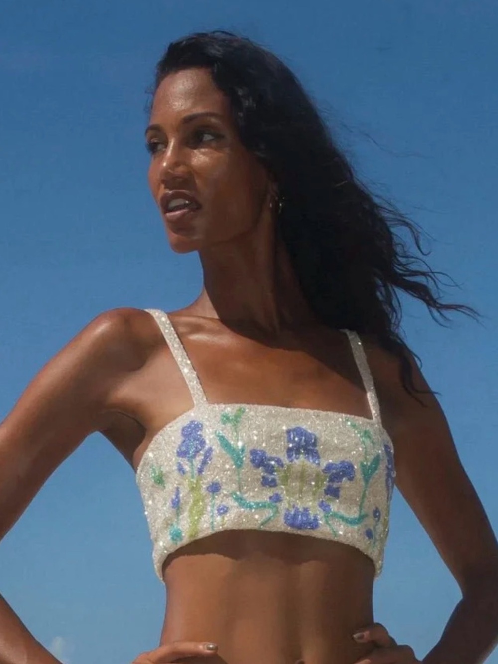 Oceanus Venus top Floral Sequin Bikini Top - Sparkling Blue & Green Embroidery